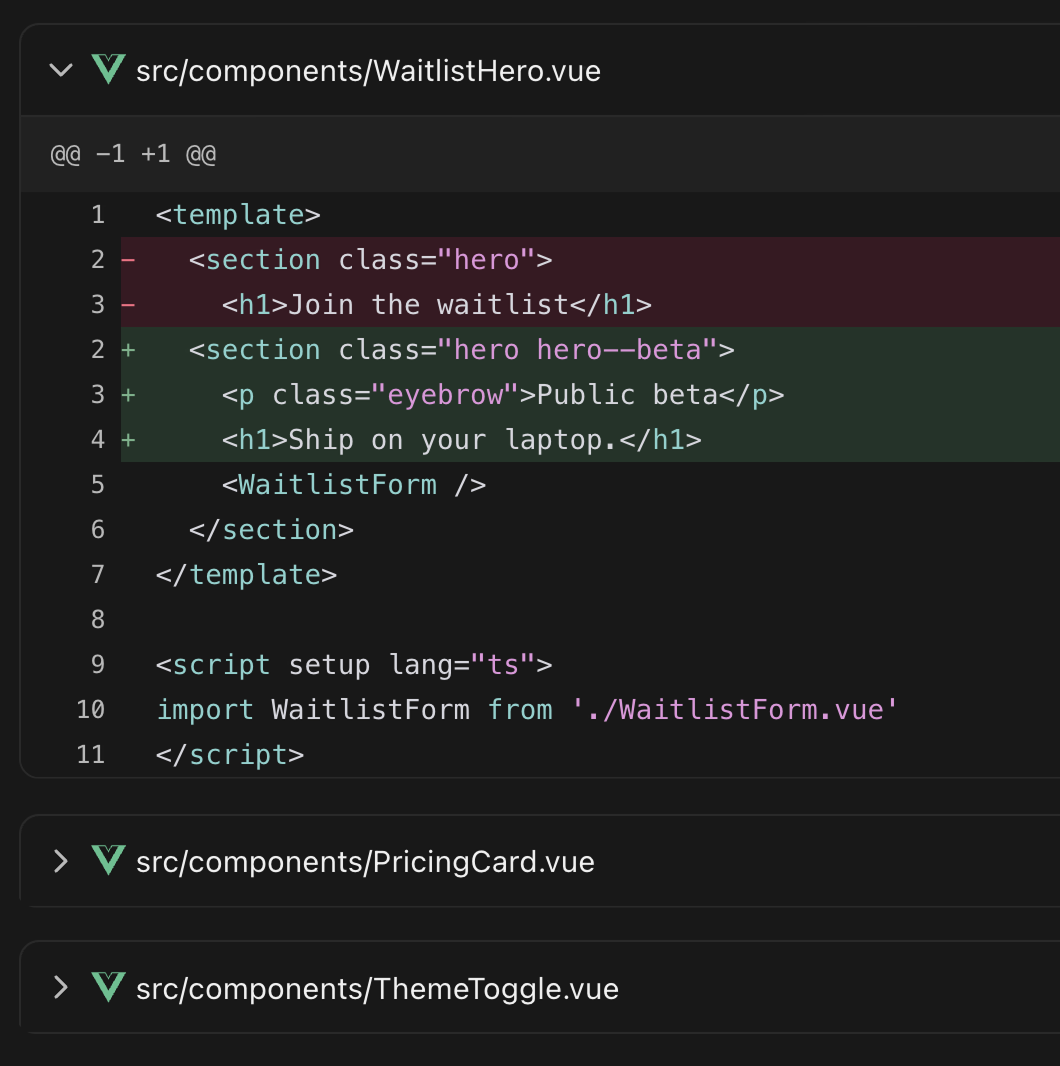 Run output showing a file-by-file diff, with WaitlistHero.vue expanded to reveal removed and added template lines.