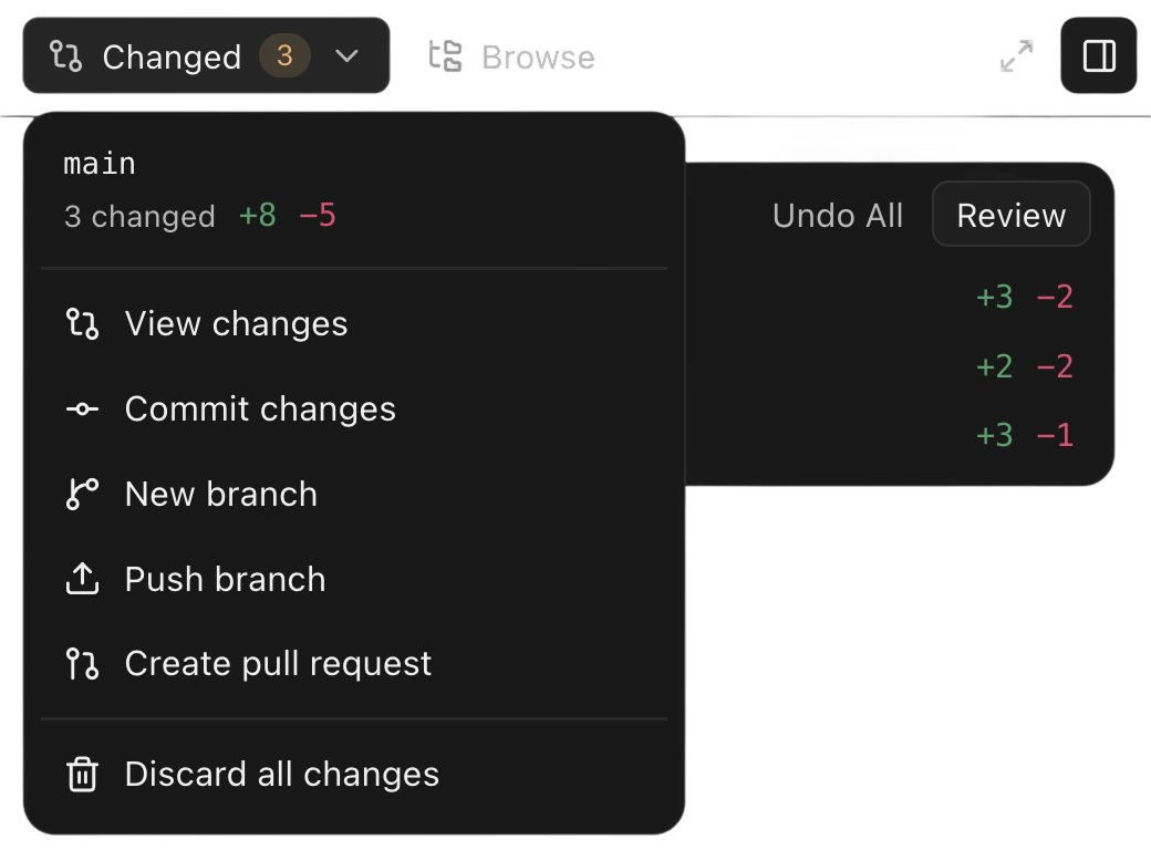 Changed-files menu open on branch main, listing view changes, commit changes, new branch, push branch, create pull request, and discard all changes.