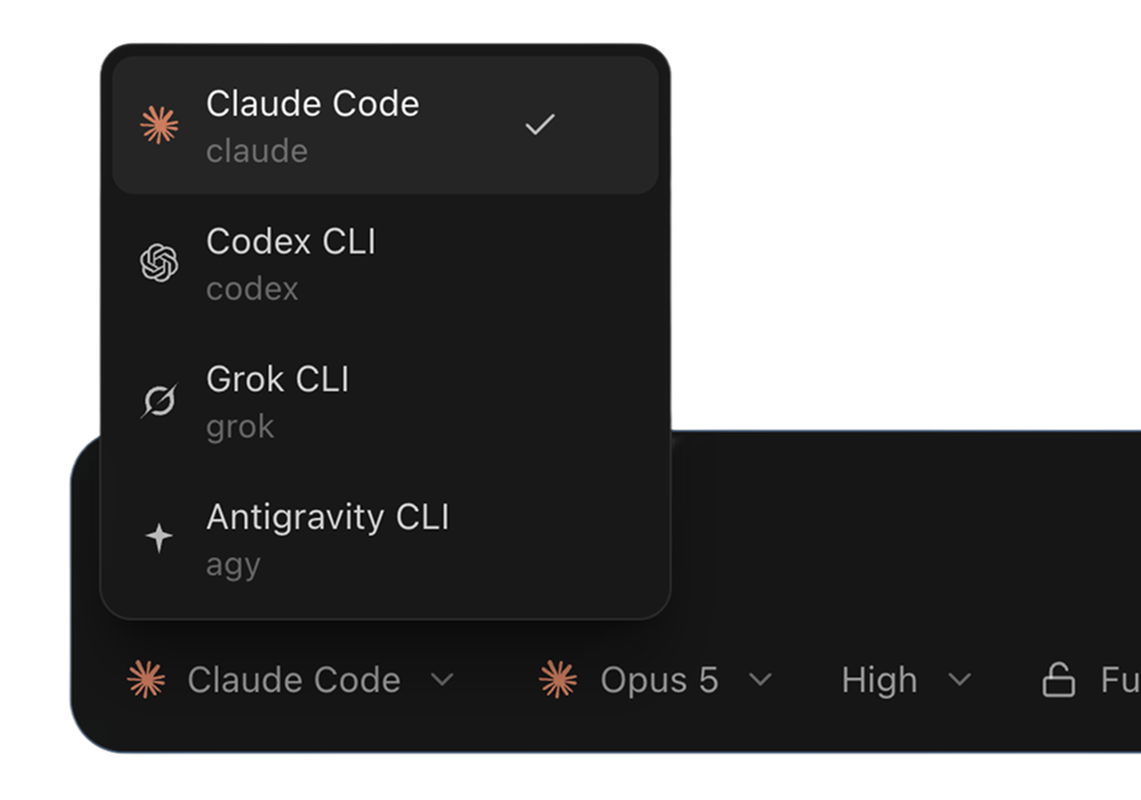Runtime menu open on Claude Code, listing Codex CLI, Grok CLI, and Antigravity CLI, with Opus 5 selected beside it.